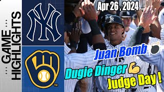 Yankees vs Milwaukee Brewers Highlights April 26, 2024 | DUGIE & SOTO GOLFS ONE OUT! 2 0 Yanks!