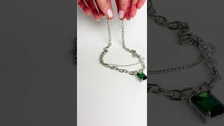 Колье цепь зеленый камень под серебро