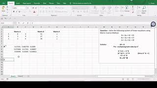 Solve the System of Linear Equations using EXCEL (Matrix Inverse Method) screenshot 3