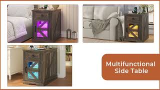 Sikaic LED End Table With Charging Station Sliding Drawer Dark Rustic Oak