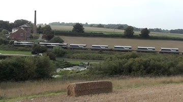 Mendip Rail Class 59, Doubleheaded, with empty Stone Train passes Crofton Pumping Station 25.09.13