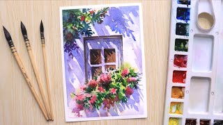 Watercolor painting for beginners beautiful flower tree and simple window