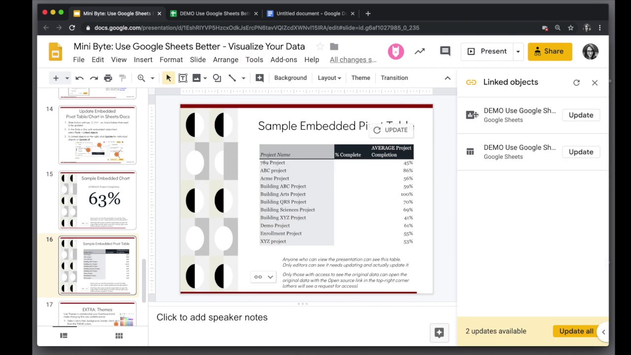 Google Sheets: Linked Charts and Tables in Slides or Docs (that update when your data updates