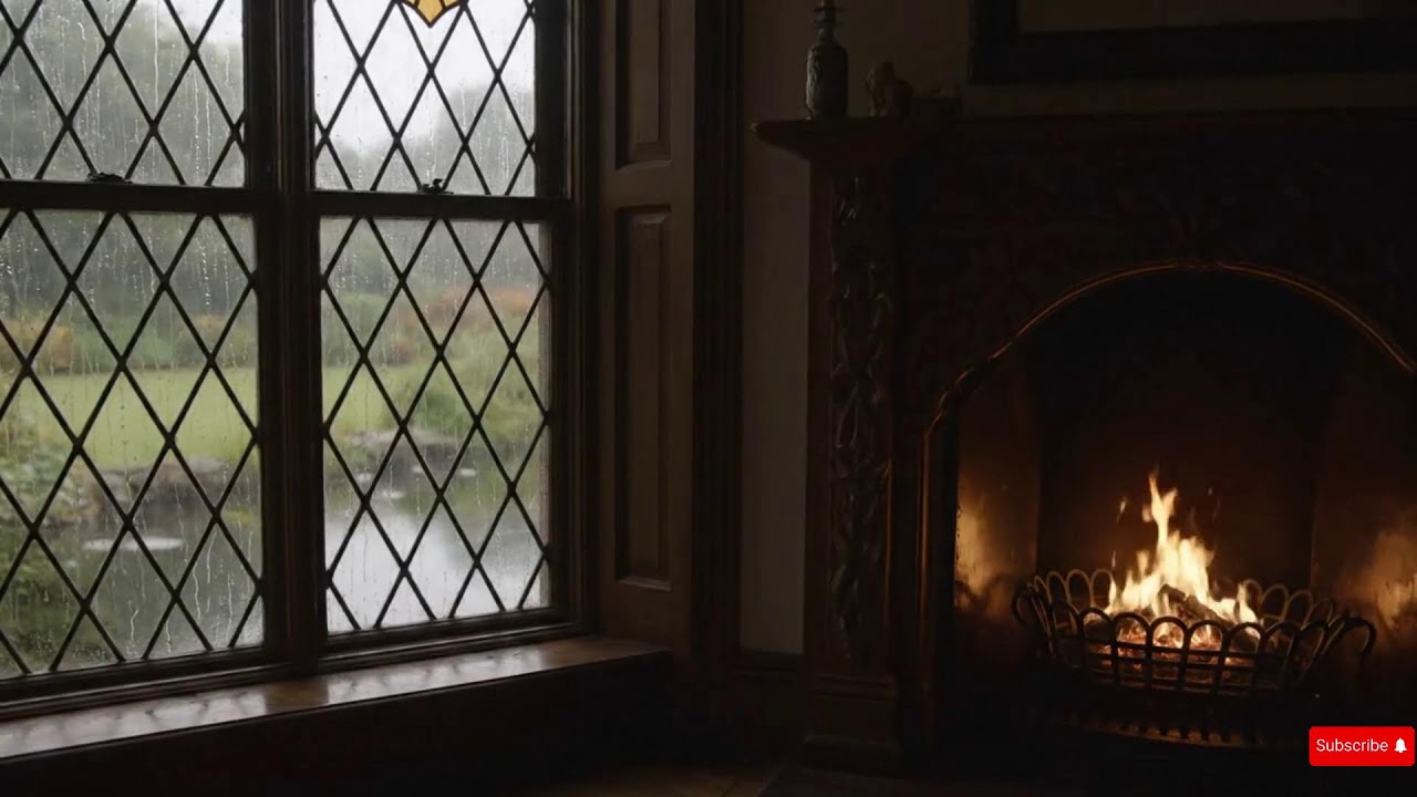 Rainy Day in Elegant Room | Fireplace Crackle & Garden View ASMR Ambience 