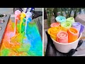 Rainbow fruit ice cream rolls  colorful ice cream synthesis  satisfying street ice cream