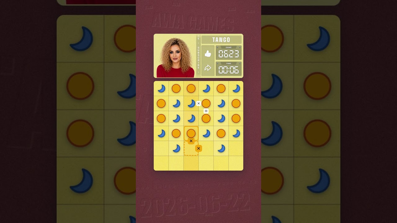 LinkedIn Tango #623 solved board for June 22, 2026, 6x6 grid