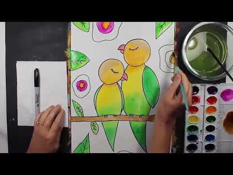 How to Draw and Paint a LOVEBIRDS Step-By-Step for Beginners Timelapse