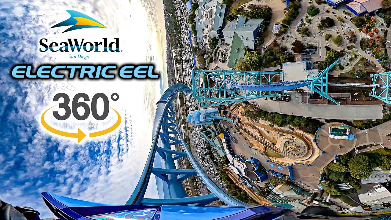 VR 360 Electric Eel Roller Coaster On Ride Front Seat POV SeaWorld San