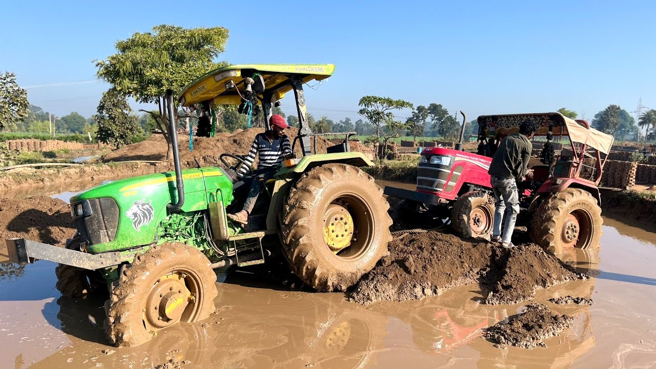 Mahindra Tractor with Trolley Badly Stuck in Mud Pulling by John Deere 4wd