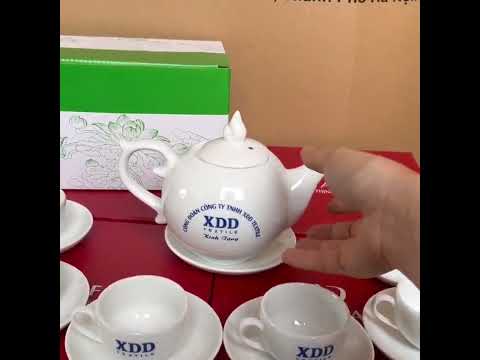 BỘ ẤM CHÉN SỨ TRẮNG BÁT TRÀNG IN LOGO CÔNG TY TNHH XDD TEXTILE #amchen #ấmchén #amchenbattrang