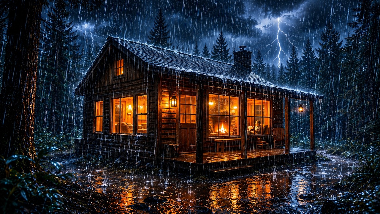 Heavy Rain Forest Cabin 🌧️ Cozy Fireplace & Thunderstorm Night for Deep ...