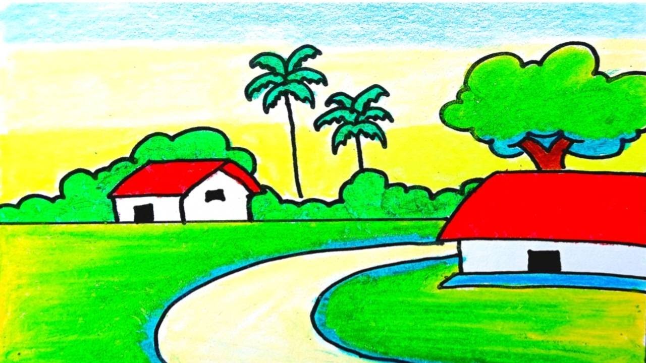 Easy landscape drawing for beginners|Learn house and nature simple painting|Nature Scenery 