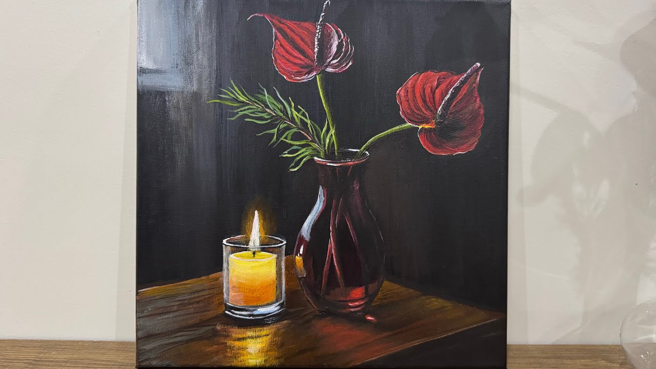 How to Paint Flowers in a Glass Vase & Candle Glow | Step-by-Step ...