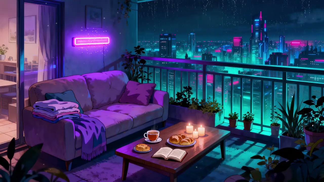 Neon Rain from a Cozy Balcony 🌧️ Lofi City Nights for Focus & Calm | 4K