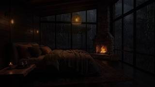 Rain Falls Around a Quiet Woodland Cabin, While Soft Firelight Creates a Calm Mood for Deep Sleep