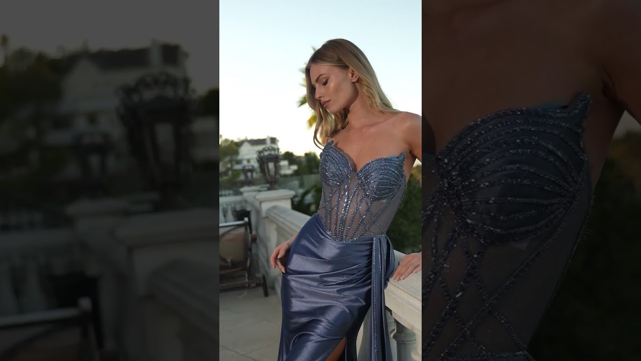 Strapless Smoky Blue satin dress CD773 with crystal details & sheer corset bodice 