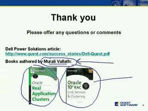 Oracle Real Application Clusters (RAC) offer businesses the ability to create an environment where more than one database server, or node, can be setup to manage an Oracle database. Organizations often face multiple challenges when implementing RAC and maintaining RAC configurations, including: Determining how many database servers are needed for sustained optimal performance in a cluster Defining the proper testing methodology of a cluster configuration for load testing, scalability and availability This Webcast will provide you with: A proven methodology for determining the most optimal configuration for your Oracle RAC environment. A real-world scenario in which Quest's solutions were leveraged for Oracle RAC to conduct diagnostic and benchmark tests on Oracle Real Application Clusters.