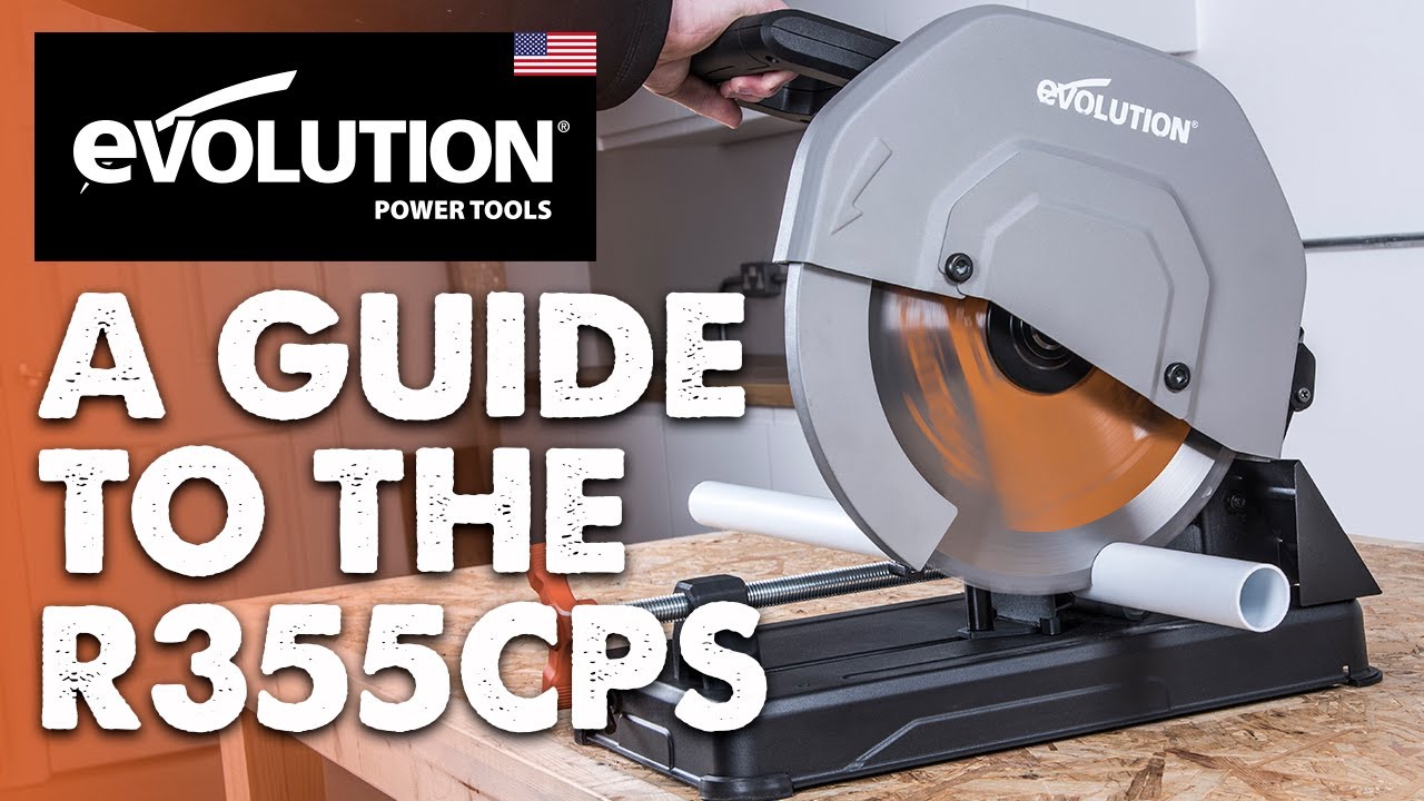 Evolution Power Tools R355CPS 14-Inch Chop Saw Multi Purpose,  Multi-Material Cutting Cuts Metal, Plastic, Wood & More Miter Cut up to 45˚  Degrees TCT Blade Included 