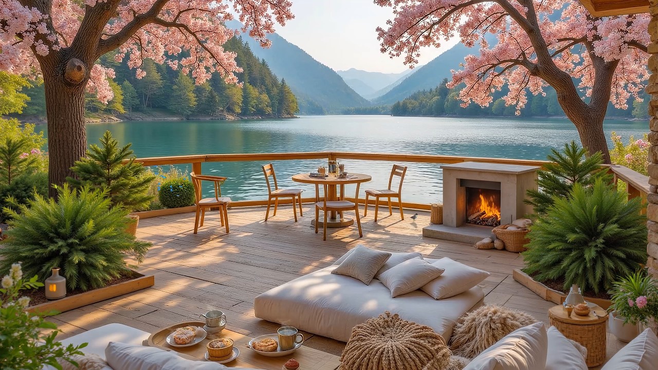 Cozy Cabin Room in a Spring Nature 🍃🌺 Gentle Piano & Fire Crackling for Focus , Relaxation