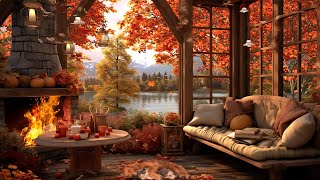 Autumn Lakeside Cottage🍂Autumn Sunny Day Ambience  Warm Firepit & Enchanted Fall Leaves Sounds