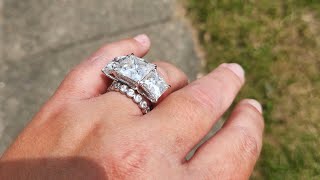 Unboxing a huge moissanite princess cut trilogy ring with Sriyal Jewel on Etsy for $331.