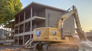 Caterpillar Excavator Demolishes 3Story Apartment Building