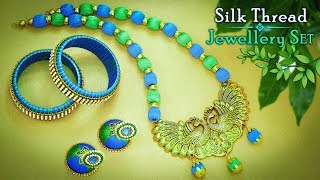 How To Make Peacock Pendant Silk Thread Jewellery Set | Necklace, Bangals, Earrings