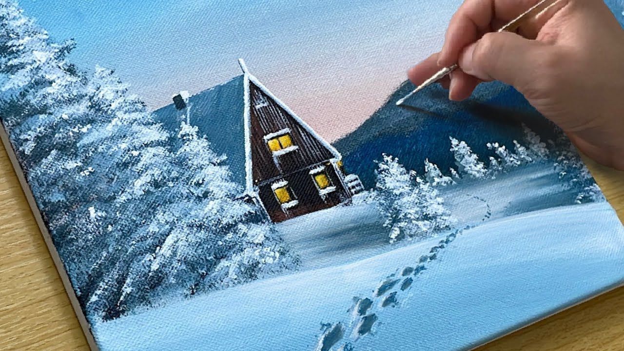 Acrylic Painting  A Winter Sunset on Paper step by step 