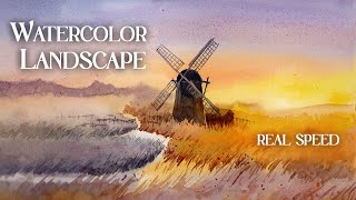 Watercolor landscape painting process | fields at dusk