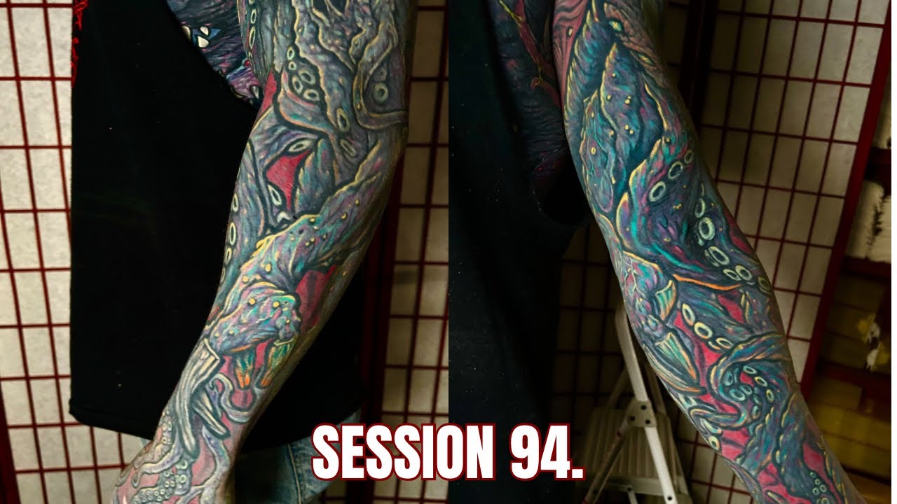 Session 94 Color on Black sleeve, and healed first pass Ankle Tattoo.  