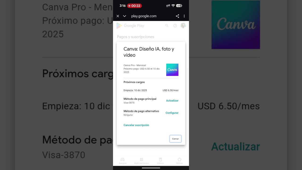 Cómo cancelar suscripción a aplicación en android? (canva)