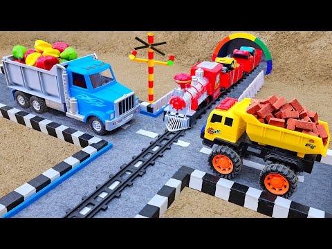 Crane truck rescue construction vehicle and sand leveling with excavator dump truck - Toy car story