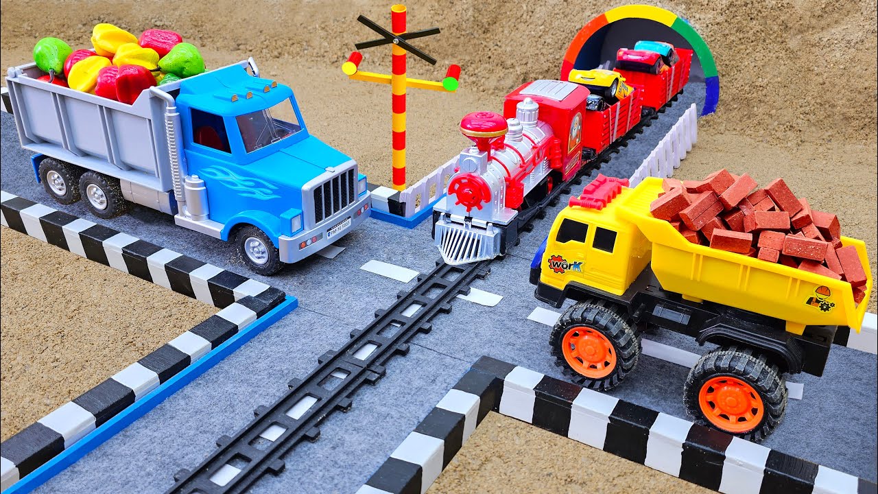 Crane truck rescue construction vehicle and sand leveling with excavator dump truck   Toy car story