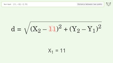 Find the distance between two points p1 (11,-3) and p2 (-2,15): Step-by-Step Video Solution
