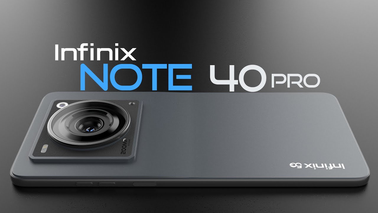  A promotional image of the Infinix Note 40 Pro smartphone, which has a dark gray color, a triple camera setup on the back, and the Infinix logo at the bottom.