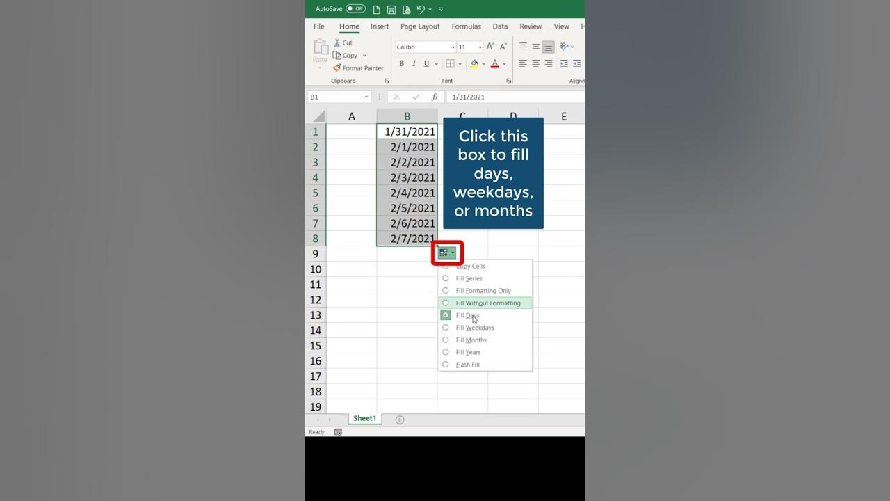 Auto Fill Dates in #excel #shorts