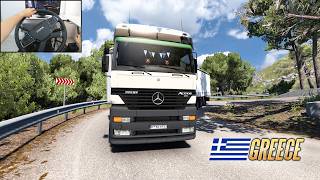 90's V8 Mercedes Actros - trip through Greece | Euro Truck Simulator 2 | Steering wheel gameplay