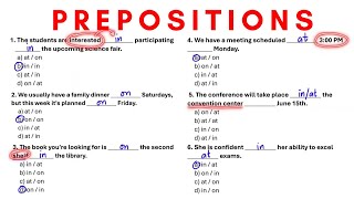 Prepositions (in, on, at) | 10-item practice questions