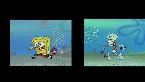 spongebobs technique for blowing bubbles but hes synced with squidward