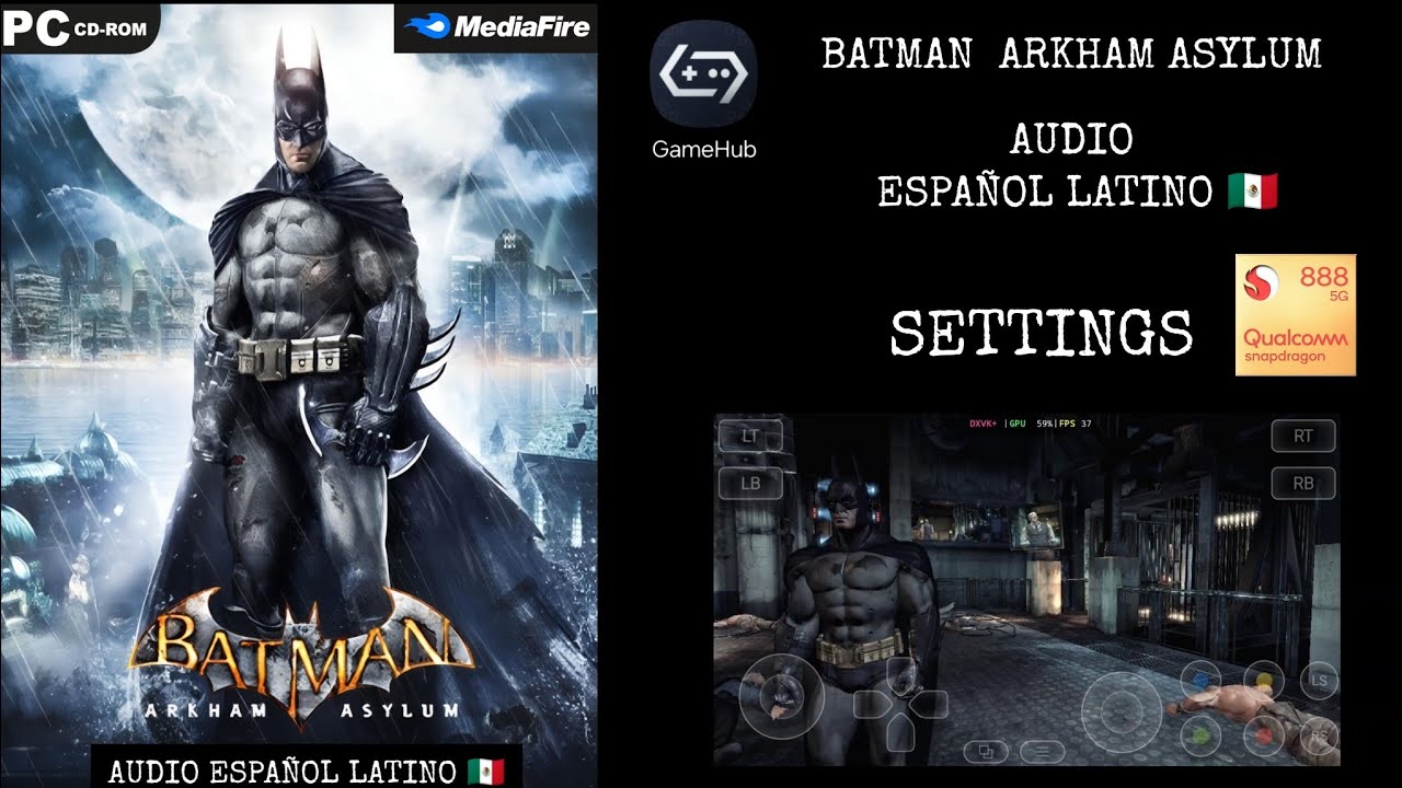 Emulator GameHub v5.3.5 Batman Arkham Asylum doblaje español latino Settings Snapdragon 888