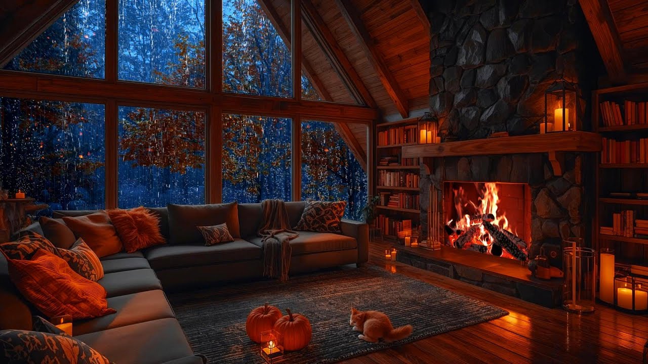 Thunderstorm over Cozy Autumn Cabin - Rain, Pumpkins, Cat & Dog by the Fireplace