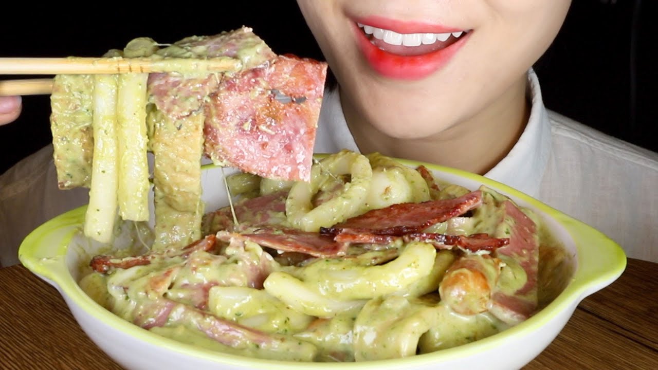 ASMR Cheesy Creamy Basil Cream Tteokbokki Eating Sounds Mukbang YouTube