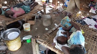 Primitive morning routine of a village single mother\/\/ African village life