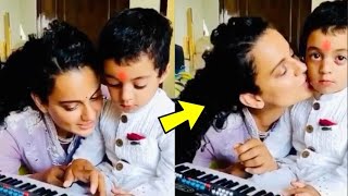 Kangana Ranaut CUTE Moment KISSING Sweet Nephew While Teaching Piano At Home Video