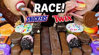 Asmr leftover chocolate dessert race eating (chocolate candy ice cream
bars (twix snickers), birthday cake cupcakes, covered marshmallows,
kitkat c...