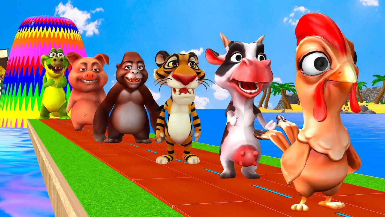 Paint & Animals Cow Chicken Crocodile Lion Rhino  Fountain Crossing Transformation Animal Cartoon