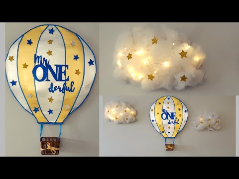 baby-boy-first-birthday-decorations-|-diy-air-balloon-and-cotton-clouds-backdrop