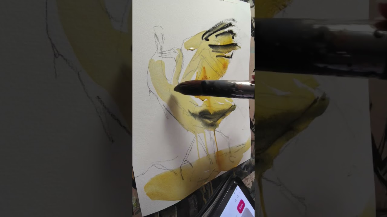 red hair cranes watercolor painting 