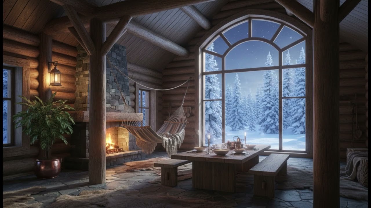 Winter Cabin Peaceful Glow – Warm Lantern Light, Moonlit Wood & Quiet Falling Snow