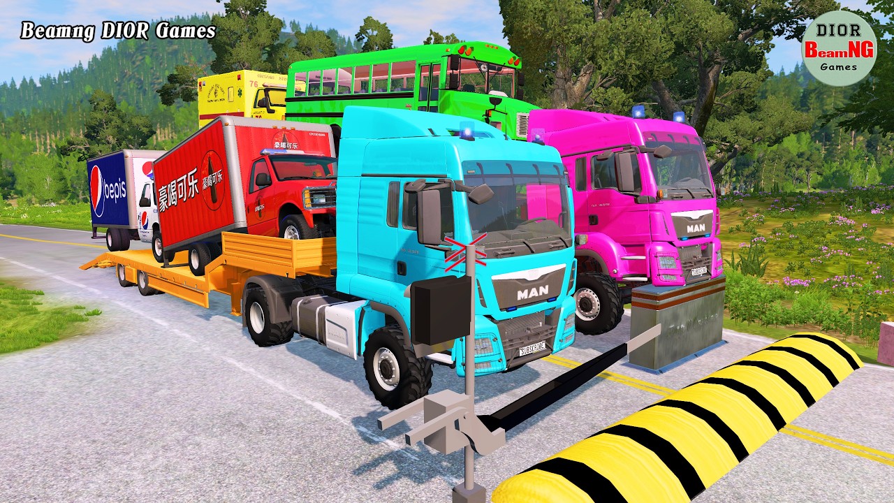 Double Flatbed Trailer Truck vs speed bumps|Busses vs speed bumps|Beamng Drive|1317